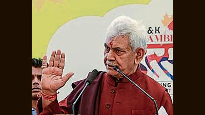 Jammu and Kashmir lieutenant governor Manoj Sinha addresses people during the inauguration of J&K Sambhaav Utsav 2024 at J&K house in New Delhi on Tuesday. (ANI)