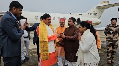 Madhya Pradesh chief minister Mohan Yadav at Varanasi airport from where he left for Azamgarh. (HT Photo) Madhya Pradesh chief minister Mohan Yadav at Varanasi airport from where he left for Azamgarh. (HT Photo)