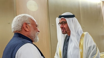 Prime Minister Narendra Modi being welcomed by UAE President Mohamed bin Zayed Al Nahyan on his arrival in Abu Dhabi on Tuesday. (ANI) Prime Minister Narendra Modi being welcomed by UAE President Mohamed bin Zayed Al Nahyan on his arrival in Abu Dhabi on Tuesday. (ANI)