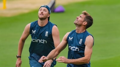 England's James Anderson and Ollie Robinson during a practice session (PTI) England's James Anderson and Ollie Robinson during a practice session (PTI)