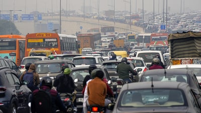 Vehicles stuck in a traffic jam at Ghazipur border amid restrictions in vehicular traffic in view of farmers' 'Delhi Chalo' march. (PTI)