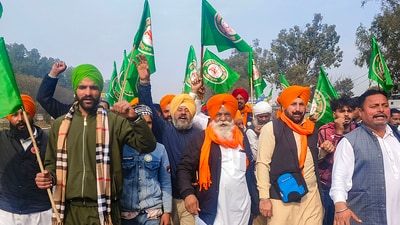 Farmers at the Shambhu border between Haryana and Punjab, as they make their way towards Delhi for the Delhi Chalo protest march. (PTI)