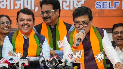 Former Maharashtra CM and Congress leader Ashok Chavan with Maharashtra Deputy Chief Minister Devendra Fadnavis addresses media after joining BJP, in Mumbai, (PTI) Former Maharashtra CM and Congress leader Ashok Chavan with Maharashtra Deputy Chief Minister Devendra Fadnavis addresses media after joining BJP, in Mumbai, (PTI)