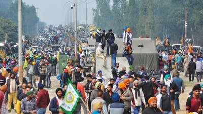 Protesting farmers during their 'Delhi Chalo' march on the Haryana-Punjab Shambhu border near Ambala on Tuesday. (ANI) Protesting farmers during their 'Delhi Chalo' march on the Haryana-Punjab Shambhu border near Ambala on Tuesday. (ANI)