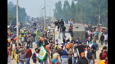 Protesting farmers during their 'Delhi Chalo' march on the Haryana-Punjab Shambhu border near Ambala on Tuesday. (ANI)
