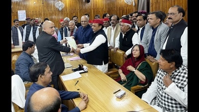 Samajwadi Party’s three candidates filing their papers for Rajya Sabha polls at Vidhan Bhawan in Lucknow on February 13. (HT photo) Samajwadi Party’s three candidates filing their papers for Rajya Sabha polls at Vidhan Bhawan in Lucknow on February 13. (HT photo)