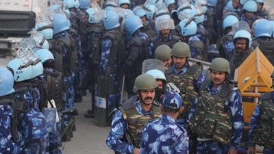 Security personnel deployed at Singhu border. (PTI) Security personnel deployed at Singhu border. (PTI)
