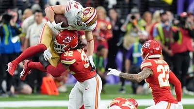 Kansas City Chiefs linebacker Nick Bolton (32) hits San Francisco 49ers fullback Kyle Juszczyk (44) during the first half of the NFL Super Bowl 58 football game on Sunday, Feb. 11, 2024, in Las Vegas. (AP Photo/Frank Franklin II) (AP) Kansas City Chiefs linebacker Nick Bolton (32) hits San Francisco 49ers fullback Kyle Juszczyk (44) during the first half of the NFL Super Bowl 58 football game on Sunday, Feb. 11, 2024, in Las Vegas. (AP Photo/Frank Franklin II) (AP)