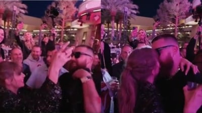 Taylor Swift and Travis Kelce at the Las vegas party. Taylor Swift and Travis Kelce at the Las vegas party.