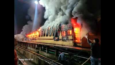 The two other adjoining coaches were also damaged in the incident that was reported at around 2 am, officials said, adding that no casualties were reported during the incident. (HT PHOTO) The two other adjoining coaches were also damaged in the incident that was reported at around 2 am, officials said, adding that no casualties were reported during the incident. (HT PHOTO)