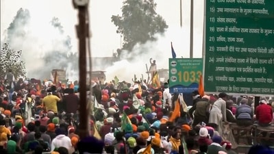 Farmers in large numbers stage a 'Delhi Chalo' protest march demanding a law guaranteeing MSP for crops, at the Shambhu border on Tuesday. (ANI) Farmers in large numbers stage a 'Delhi Chalo' protest march demanding a law guaranteeing MSP for crops, at the Shambhu border on Tuesday. (ANI)