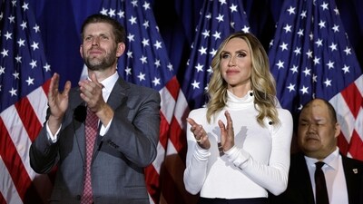 NASHUA, NEW HAMPSHIRE - JANUARY 23: Eric Trump (L) and his wife, Lara Trump, applaud for Republican presidential candidate and former U.S. President Donald Trump, during a primary night party at the Sheraton on January 23, 2024, in Nashua, New Hampshire. New Hampshire voters cast their ballots in their state�s primary election today. Former President Donald Trump won the primary, finishing ahead of former UN Ambassador Nikki Haley. Chip Somodevilla/Getty Images/AFP (Photo by CHIP SOMODEVILLA / GETTY IMAGES NORTH AMERICA / Getty Images via AFP) (Getty Images via AFP) NASHUA, NEW HAMPSHIRE - JANUARY 23: Eric Trump (L) and his wife, Lara Trump, applaud for Republican presidential candidate and former U.S. President Donald Trump, during a primary night party at the Sheraton on January 23, 2024, in Nashua, New Hampshire. New Hampshire voters cast their ballots in their state�s primary election today. Former President Donald Trump won the primary, finishing ahead of former UN Ambassador Nikki Haley. Chip Somodevilla/Getty Images/AFP (Photo by CHIP SOMODEVILLA / GETTY IMAGES NORTH AMERICA / Getty Images via AFP) (Getty Images via AFP)