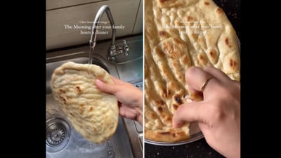 Content creator Alishay from Karachi, Pakistan shared a video that shows her 'washing' a naan under a running tap, then toasting it on a tawa with oil before consuming it. (Instagram/@everythingalishay) Content creator Alishay from Karachi, Pakistan shared a video that shows her 'washing' a naan under a running tap, then toasting it on a tawa with oil before consuming it. (Instagram/@everythingalishay)