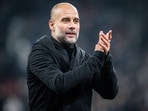 Manchester City's head coach Pep Guardiola celebrates after the Champions League, Round of Sixteen first leg, soccer match between FC Copenhagen and Manchester City in Copenhagen, Denmark, Tuesday, Feb. 13 Manchester City's head coach Pep Guardiola celebrates after the Champions League, Round of Sixteen first leg, soccer match between FC Copenhagen and Manchester City in Copenhagen, Denmark, Tuesday, Feb. 13