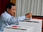 Presidential candidate Prabowo Subianto votes at a polling station during the general election in Indonesia.
