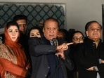 Pakistan's former Prime Minister Nawaz Sharif (C) and leader of the Pakistan Muslim League (PML) party, along with his younger brother and former prime minister Shehbaz Sharif (R) and his daughter Maryam Nawaz (L) speaks with supporters in Lahore on February 9, 2024. Pakistan's former Prime Minister Nawaz Sharif (C) and leader of the Pakistan Muslim League (PML) party, along with his younger brother and former prime minister Shehbaz Sharif (R) and his daughter Maryam Nawaz (L) speaks with supporters in Lahore on February 9, 2024.