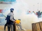 Tear gas being fired to disperse farmers staging the 'Dilli Chalo' protest march demanding a legal guarantee for MSP for crops at the Shambhu border on Tuesday. (ANI)