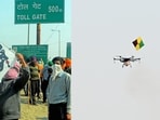 Protesters trying to down drone carrying tear-gas shells with the help of kites during the farmers' protest at the Shambhu border near Ambala on Wednesday, February 14, 2024. 