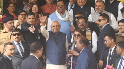 Patna, Bihar, India -Feb .12, 2024: Bihar Chief Minister Nitish Kumar arriving during at Bihar Assembly in Patna for the floor test of his government at Bihar Assembly in Patna, Bihar, India, Monday, 12, 2024. (Photo by Santosh Kumar/ Hindustan Times)
