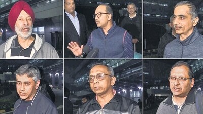 A combination of pictures shows the ex-Indian Navy veterans, who were in custody in Qatar, at the Delhi airport on Monday. (ANI) A combination of pictures shows the ex-Indian Navy veterans, who were in custody in Qatar, at the Delhi airport on Monday. (ANI)