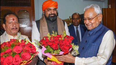 Bihar chief minister Nitish Kumar with his deputies Vijay Kumar Sinha and Samrat Choudhary of the BJP in Patna. (PTI Photo) Bihar chief minister Nitish Kumar with his deputies Vijay Kumar Sinha and Samrat Choudhary of the BJP in Patna. (PTI Photo)
