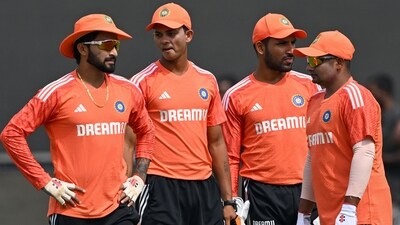 India's Yashasvi Jaiswal (2L), Dhruv Jurel (2R), Sarfaraz Khan and Devdutt Padikkal (L) attend a practice session at the Saurashtra Cricket Association Stadium in Rajkot on February 13 (AFP) India's Yashasvi Jaiswal (2L), Dhruv Jurel (2R), Sarfaraz Khan and Devdutt Padikkal (L) attend a practice session at the Saurashtra Cricket Association Stadium in Rajkot on February 13 (AFP)
