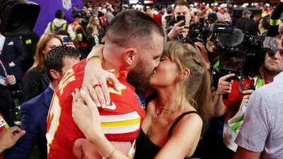 Travis Kelce and Taylor Swift embrace after defeating the San Francisco 49ers in overtime during Super Bowl LVIII at Allegiant Stadium on February 11, 2024 in Las Vegas, Nevada (Photo by EZRA SHAW / GETTY IMAGES NORTH AMERICA / Getty Images via AFP) (Getty Images via AFP) Travis Kelce and Taylor Swift embrace after defeating the San Francisco 49ers in overtime during Super Bowl LVIII at Allegiant Stadium on February 11, 2024 in Las Vegas, Nevada (Photo by EZRA SHAW / GETTY IMAGES NORTH AMERICA / Getty Images via AFP) (Getty Images via AFP)