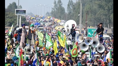 Farmers during their protest at Shambu Border on Wednesday. (Ravi Kumar/ HT)