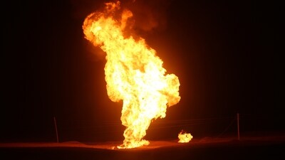 Flames leap into the air after a natural gas pipeline explodes outside the city of Boroujen in the western Chaharmahal and Bakhtiari province, Iran, in early Wednesday, Feb. 14, 2024. (AP) Flames leap into the air after a natural gas pipeline explodes outside the city of Boroujen in the western Chaharmahal and Bakhtiari province, Iran, in early Wednesday, Feb. 14, 2024. (AP)