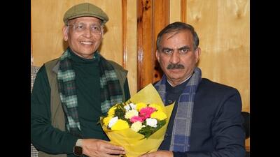 Lawyer Abhishek Manu Singhvi with chief minister Sukhvinder Singh Sukhu after being nominated as the Congress candidate for the Rajya Sabha elections from Himachal Pradesh. (HT Photo)