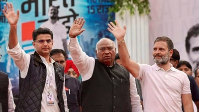 Congress President Mallikarjun Kharge with party leaders Rahul Gandhi and Sachin Pilot. (PTI file photo) Congress President Mallikarjun Kharge with party leaders Rahul Gandhi and Sachin Pilot. (PTI file photo)