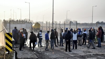 Farmers gathered at the Punjab-Haryana Shambhu border during the second day of their 'Delhi Chalo' march. (PTI)