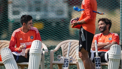 Shubman Gill and Rajat Patidar share a light moment during the practice session. (PTI) Shubman Gill and Rajat Patidar share a light moment during the practice session. (PTI)