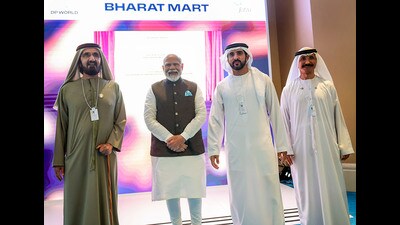 Prime Minister Narendra Modi with Vice President and Prime Minister of the UAE and ruler of Dubai Sheikh Mohammed bin Rashid Al Maktoum at the foundation stone event of 'Bharat Mart', a warehousing facility, in Dubai. (PTI) Prime Minister Narendra Modi with Vice President and Prime Minister of the UAE and ruler of Dubai Sheikh Mohammed bin Rashid Al Maktoum at the foundation stone event of 'Bharat Mart', a warehousing facility, in Dubai. (PTI)