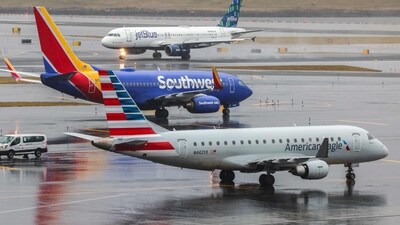 An Airbus A320 passengers aircraft of JetBlue airlines arriving from Tampa is pictured while a Boeing 737 of Southwest airlines arrived from Atlanta and an Airbus A319 arrived from Saint Louis are seen at La Guardia Airport on January 9, 2024. (Photo by Charly TRIBALLEAU / AFP) (AFP) An Airbus A320 passengers aircraft of JetBlue airlines arriving from Tampa is pictured while a Boeing 737 of Southwest airlines arrived from Atlanta and an Airbus A319 arrived from Saint Louis are seen at La Guardia Airport on January 9, 2024. (Photo by Charly TRIBALLEAU / AFP) (AFP)
