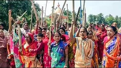 Women protest against TMC leader Sheikh Shajahan in West Bengal’s Sandeshkhali last week. (ANI)