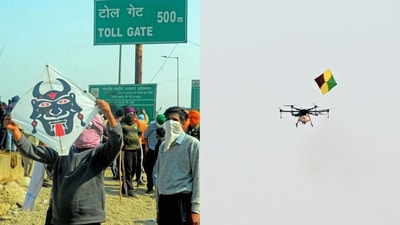 Protesters trying to down drone carrying tear-gas shells with the help of kites during the farmers' protest at the Shambhu border near Ambala on Wednesday, February 14, 2024. (ANI, Ravi Kumar/ Hindustan Times) Protesters trying to down drone carrying tear-gas shells with the help of kites during the farmers' protest at the Shambhu border near Ambala on Wednesday, February 14, 2024. (ANI, Ravi Kumar/ Hindustan Times)