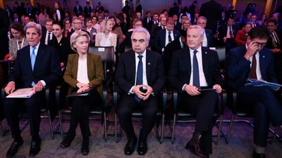 (From L) US climate envoy John Kerry, President of the European Commission Ursula von der Leyen, Executive director of the International Energy Agency Fatih Birol and French Minister for the Economy and Finances Bruno Le Maire attend the International Energy Agency (IEA) 2024 ministerial meeting and 50th Anniversary event, in Paris on February 13. (AFP) (From L) US climate envoy John Kerry, President of the European Commission Ursula von der Leyen, Executive director of the International Energy Agency Fatih Birol and French Minister for the Economy and Finances Bruno Le Maire attend the International Energy Agency (IEA) 2024 ministerial meeting and 50th Anniversary event, in Paris on February 13. (AFP)