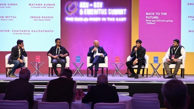 Emeritus Co-Founder & Executive Director Chaitanya Kalipatnapu moderating a session with edtech founders at the ASU+GSV & Emeritus Summit at Gurugram. (Handout) Emeritus Co-Founder & Executive Director Chaitanya Kalipatnapu moderating a session with edtech founders at the ASU+GSV & Emeritus Summit at Gurugram. (Handout)