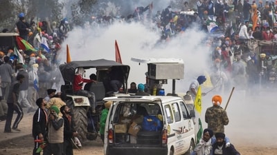 Farmers protest: Police use tear gas to disperse farmers gathered at the Punjab-Haryana Shambhu border during their 'Delhi Chalo' march, in Patiala district, Tuesday, Feb. 13, 2024. (PTI) Farmers protest: Police use tear gas to disperse farmers gathered at the Punjab-Haryana Shambhu border during their 'Delhi Chalo' march, in Patiala district, Tuesday, Feb. 13, 2024. (PTI)