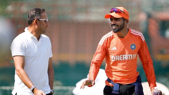 Wicketkeeper KS Bharat with Agarkar. Bharat has been under pressure due to his middling performances with the bat.&nbsp;(ANI )