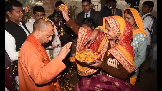 Chief minister Yogi Adityanath blessed newlywed couples at the Samuhik Vivah Samaroh at Rajhi village in Gorakhpur on Wednesday. (Sourced)