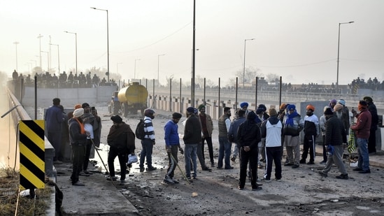 Farmers gathered at the Punjab-Haryana Shambhu border during the second day of their 'Delhi Chalo' march. (PTI)