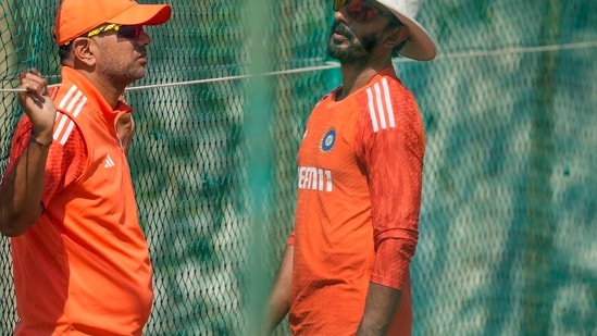 India's head coach Rahul Dravid and batting coach Vikram Rathour during the practice session ahead of the third Test(PTI)