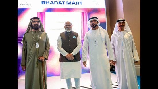 Prime Minister Narendra Modi with Vice President and Prime Minister of the UAE and ruler of Dubai Sheikh Mohammed bin Rashid Al Maktoum at the foundation stone event of 'Bharat Mart', a warehousing facility, in Dubai. (PTI)