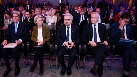 (From L) US climate envoy John Kerry, President of the European Commission Ursula von der Leyen, Executive director of the International Energy Agency Fatih Birol and French Minister for the Economy and Finances Bruno Le Maire attend the International Energy Agency (IEA) 2024 ministerial meeting and 50th Anniversary event, in Paris on February 13. (AFP)