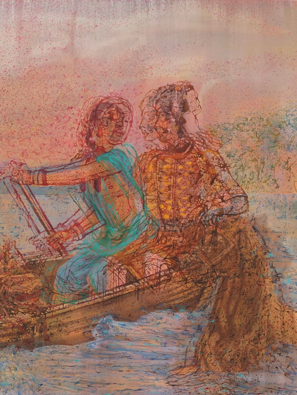 Shantanu and Matsyagandha. Untilted, Water and gouache on paper by V Ramesh (Threshold Art Gallery)
