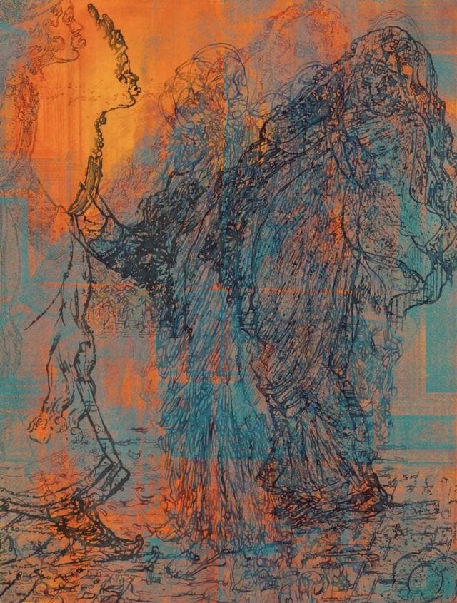 Draupadi and Dushasana. Untilted, Water and gouache on paper by V Ramesh (Threshold Art Gallery)