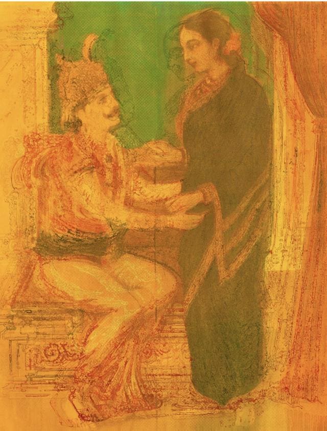 Chandrapid and Kadambari. Untilted, Water and gouache on paper by V Ramesh (Threshold Art Gallery)