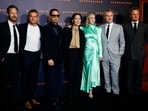 Oppenheimer cast members Trond Fausa Aurvag, Matt Damon, Robert Downey Jr., Cillian Murphy, Emily Blunt, Jason Clarke, and Director Christopher Nolan.